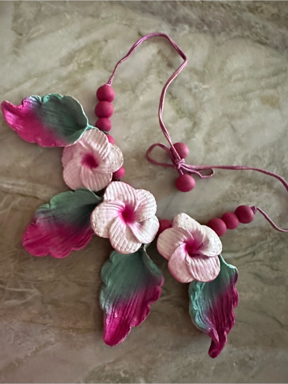 Hand Sculpted & Painted Pink Green Floral Hibiscus tropical Statement Necklace